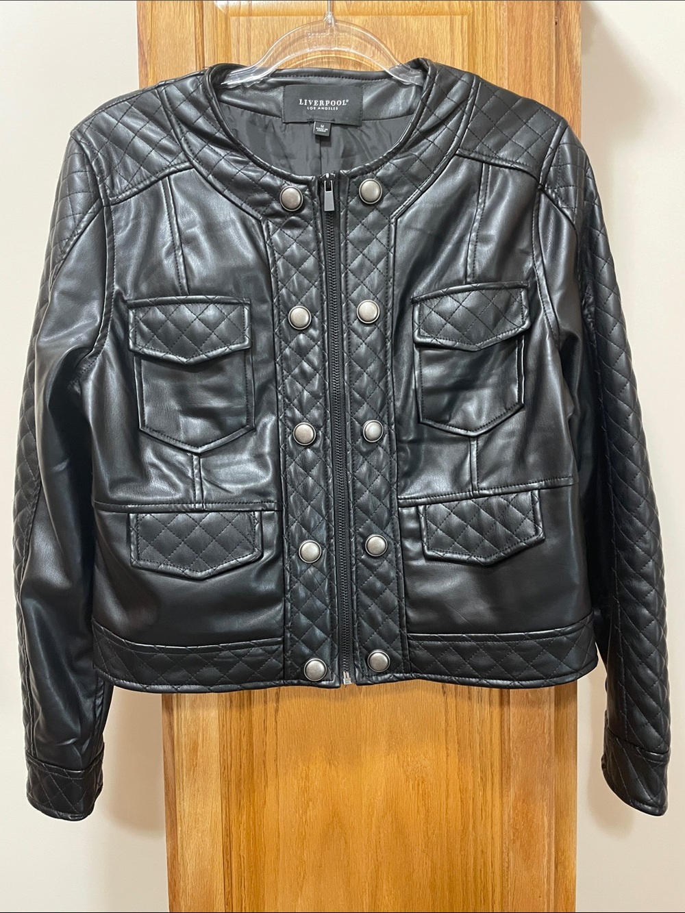 Liverpool Black Quilted Faux Leather Military-Style Jacket Size Medium